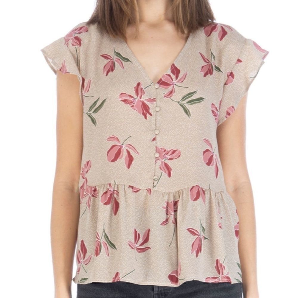Bobeau Floral V-neck Button Front Peplum Top Size L